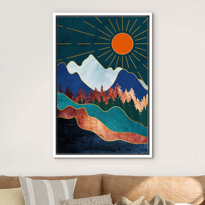 Marbre, chaîne de montagnes, forêt, soleil, nature, illustrations abstraites, paysage rustique - cadre flottant, impression sur toile