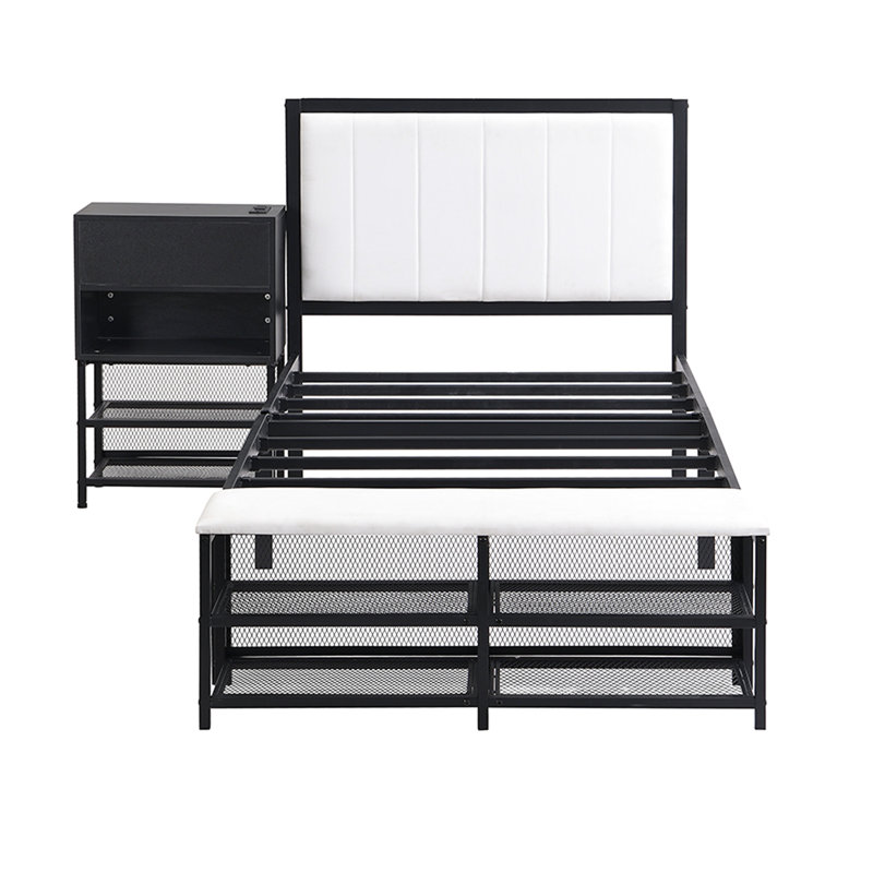 Lit plateforme simple en métal avec rangement et armoire exceptionnellement en bois, noir remarquable, Noir
