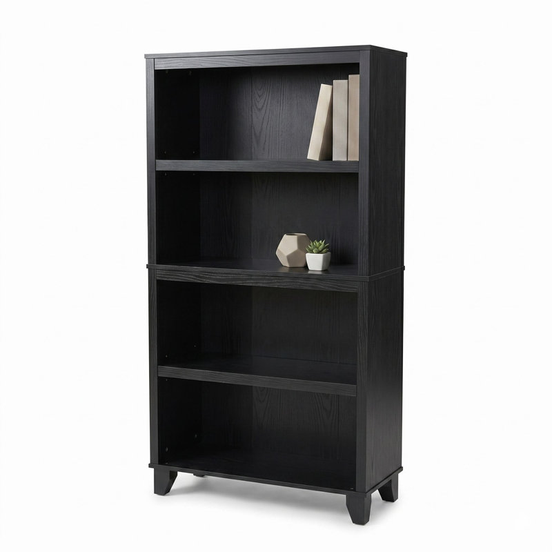 27.5”W 4-Tier Bookcase, Adjustable Storage Shelf for Living Room, Bedroom & Home Office, Black, Black