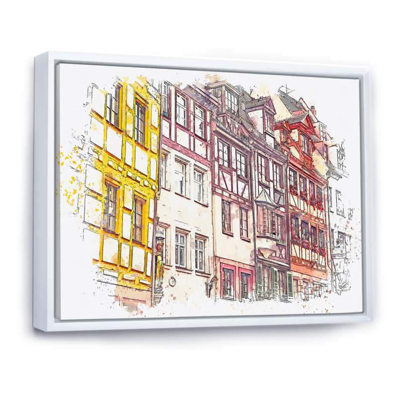 Traditional German Architecture Cityview - peinture sur toile, H 30 po x l 40 po x P 1,5 po, Cadre flottant blanc