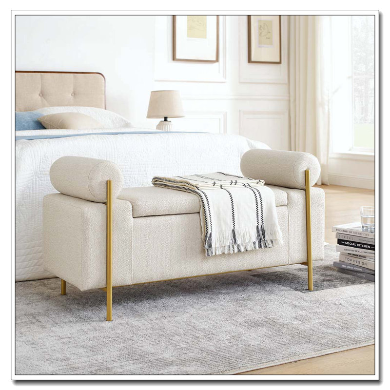 Banc de rangement en velours avec accoudoirs cylindriques et pieds en fer, Beige