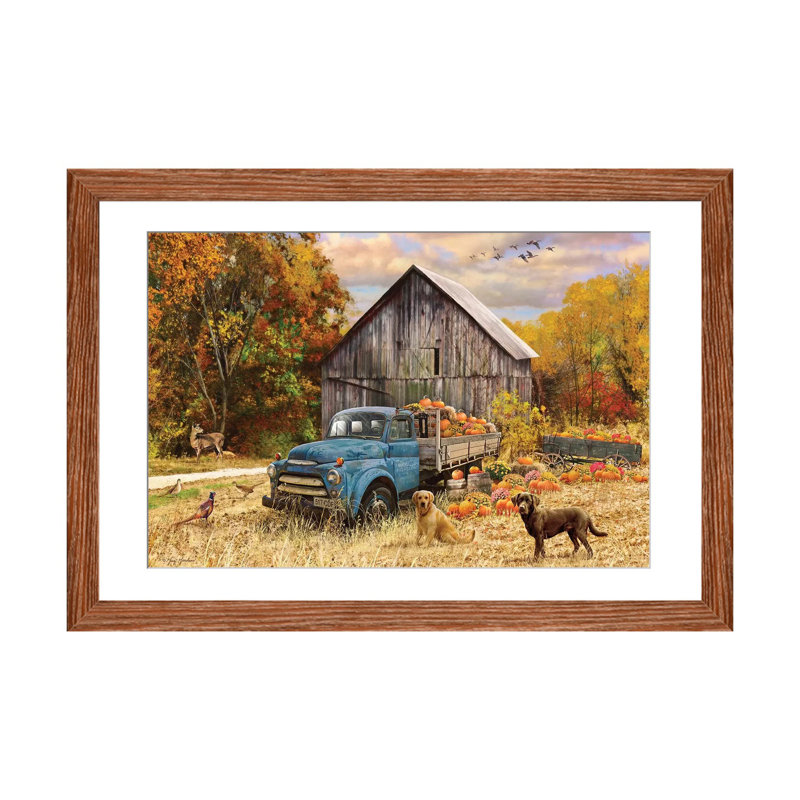 «Fall Truck And Barn» - reproduction, H 16 po x l 24 po x P 1 po, Papier encadré brun