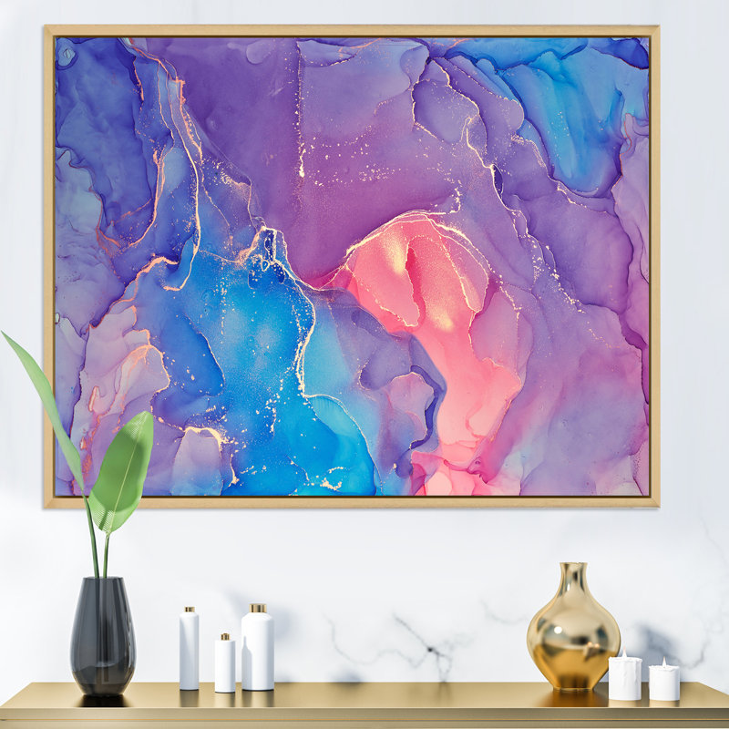 Mauve et bleu liquide fuchia Art III - peinture sur toile, H 16 po x l 32 po, Toile avec cadre en érable