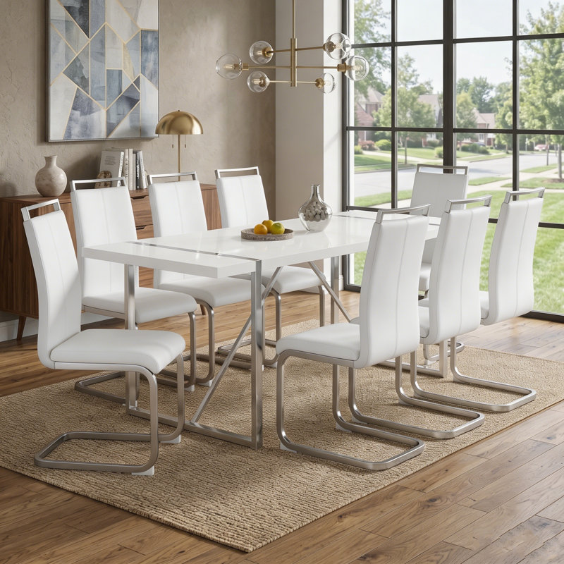 Ensemble de salle à manger 71 "rectangulaire moderne avec base géométrique en métal et chaises en porte-à-faux en similicuir