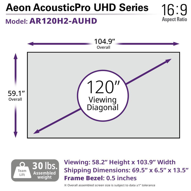 Aeon AcousticPro UHD Series Edge Free Fixed Frame Wall/Ceiling Mounted Projector Screen, 120" Diagonal