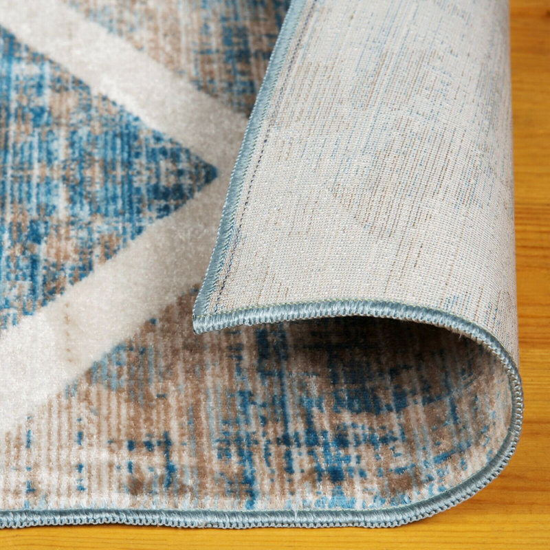 Tapis intérieur / extérieur en laine à motif géométrique gris / bleu, Rectangle 5 pi x 7 pi