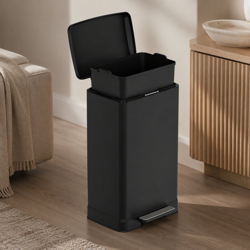 Black 55 Liter Pedal Trash Can with Soft Close Lid, Removable Inner Bucket and Detachable Wheels