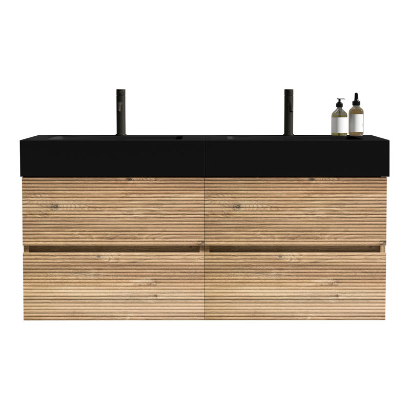 Meuble-lavabo de 48 pouces avec lavabo noir et tiroirs en chêne brut, fixation murale de style Mid-Century moderne, laque double de grade E0, système, panneaux de style E1, drainage en U, finition laquée