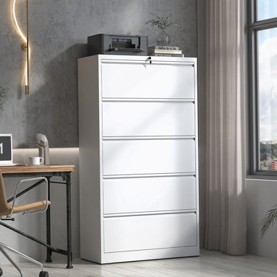 5 Drawer Metal Lateral File Cabinet , White Filing Cabinet with Lock, Lockable File Cabinet for Home Office, Locking Metal File Cabinet for Legal/Letter/A4/F4 Size