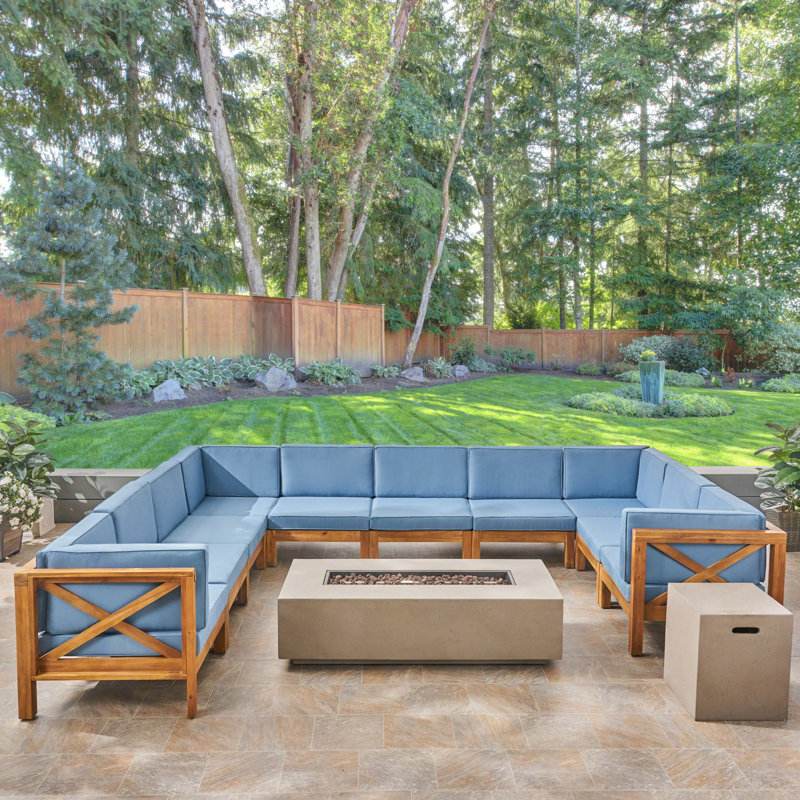 Ensemble de conversation modulaire d’extérieur avec coussins 10 pièces Heidi, Structure teck / coussins bleu