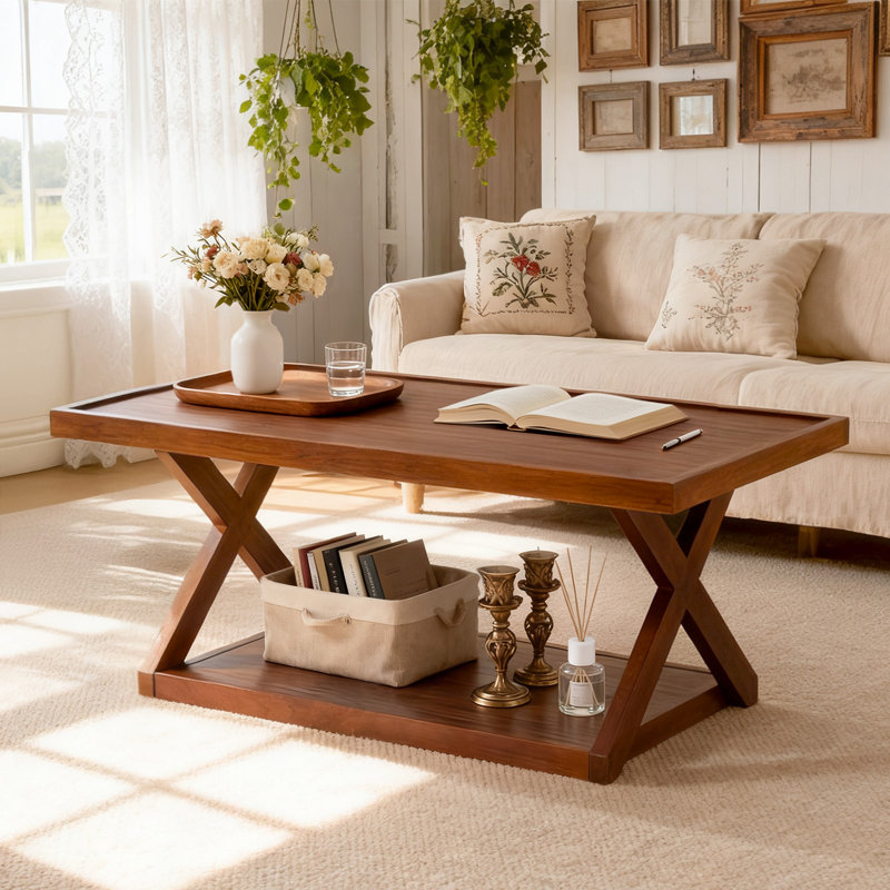 40 inch Solid Oak Wood Coffee Table With 2-Tier Storage（Load 300 Lbs）
