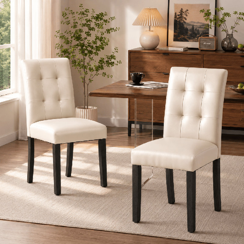 Chaise d'appoint rembourrée en similicuir avec pieds en bois, Beige, 2