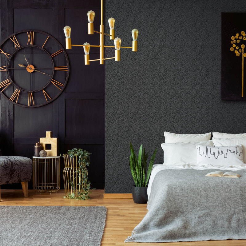 Air Collection Leaves Sheen Textured Wallpaper Roll, Black