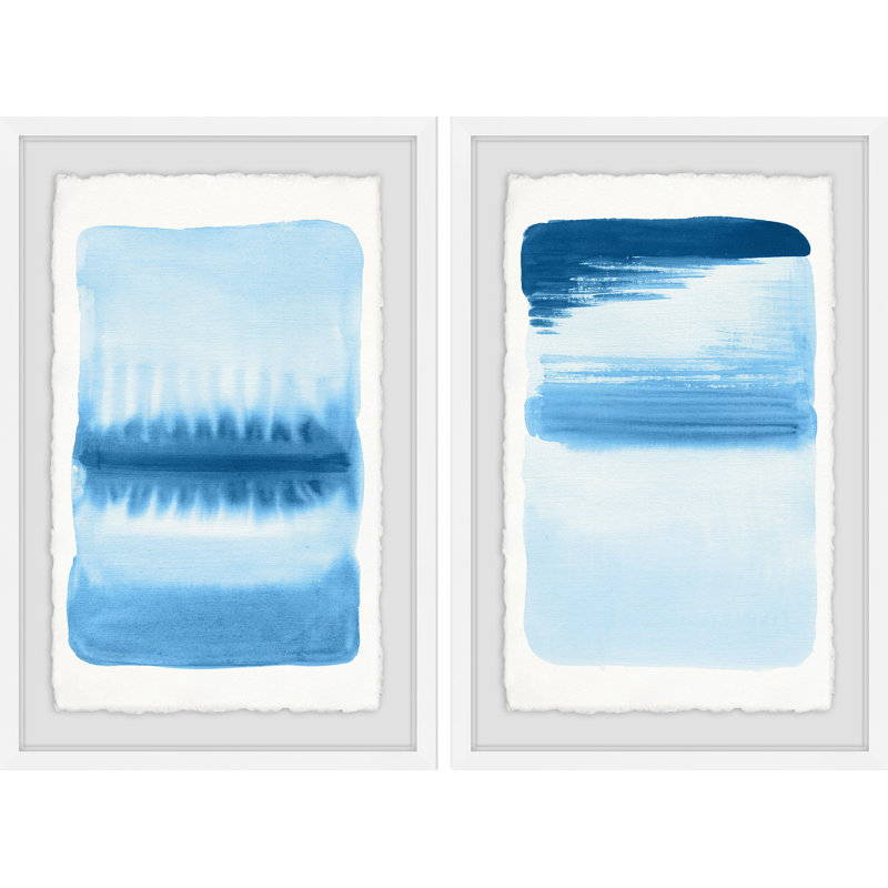 'Blue Flows II Diptych' 2 Piece Framed Watercolor Painting Print Set, 12" H x 8" W x 1.5" L