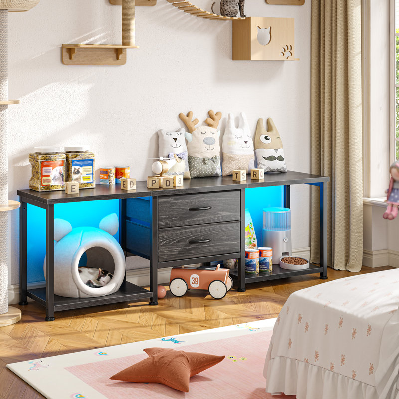 Meuble télé moderne avec éclairage DEL, 2 tiroirs en tissu et supports média, 55 ou 63 pouces, 19.69”H x 55”L x 11.81”W, Noir