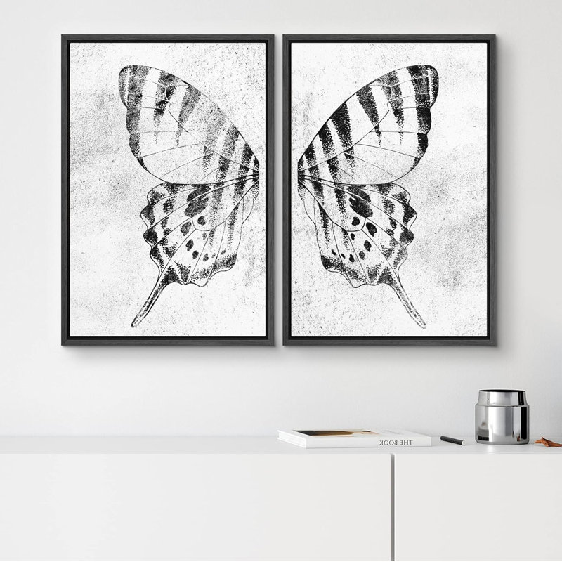 Noir et blanc papillon monarque aile insecte nature sauvage art moderne rustique relax apaisant 2 pièces, Noir