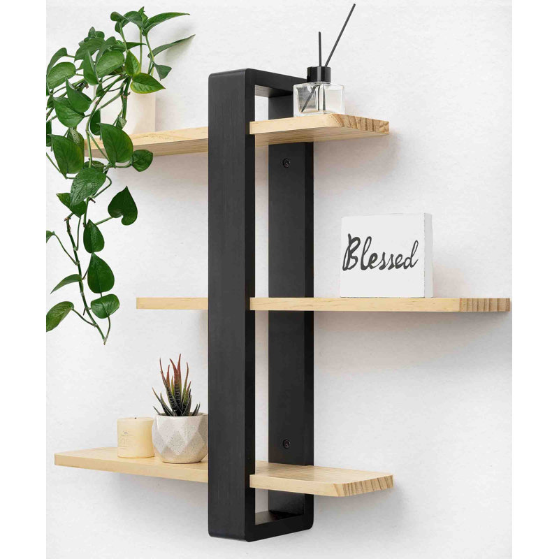 3 Piece Solid Wood Floating Shelf, Black/wood