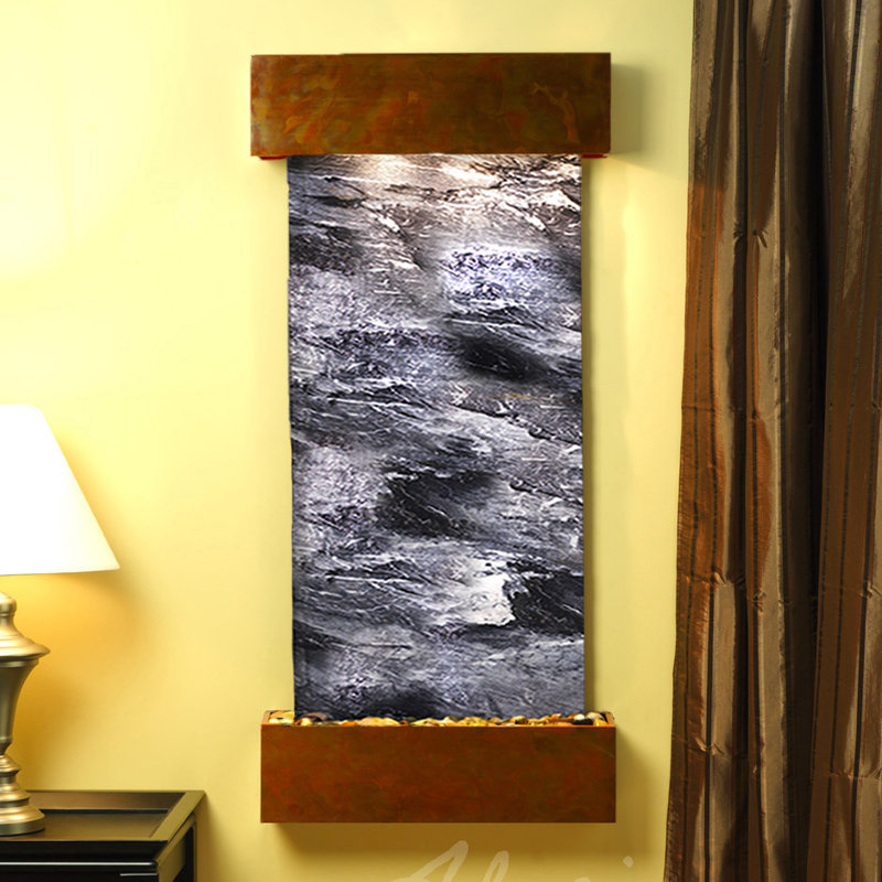 Cascade Springs Natural Stone Fountain with Light, Black Spider Marble, Rustic Copper
