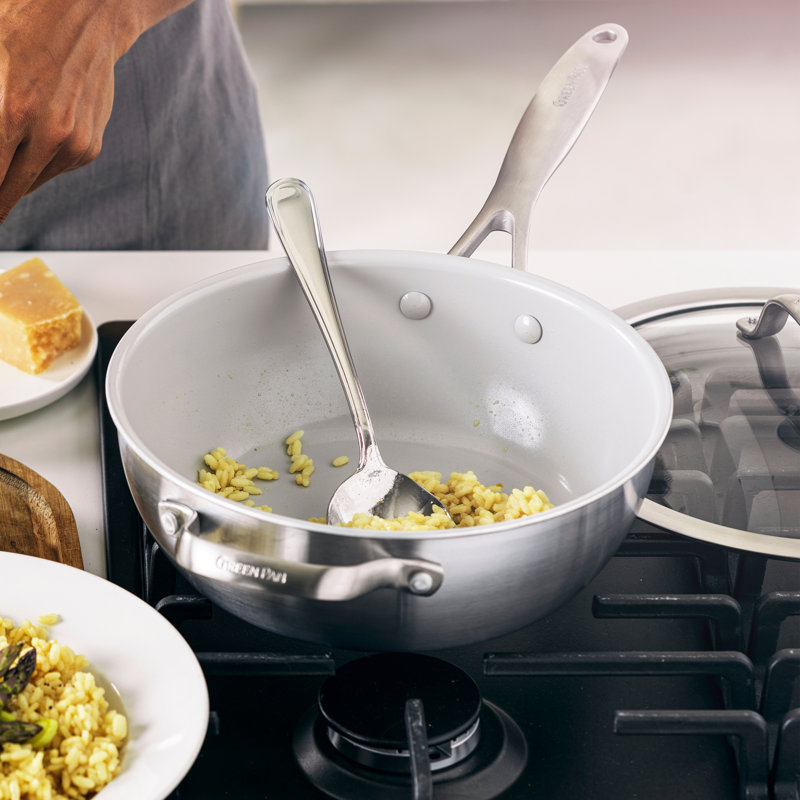 GreenPan Venice Pro Tri-Ply Stainless Steel Healthy Ceramic Nonstick 3qt Chef Saute Pan with Helper Handle and Lid