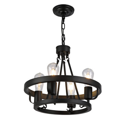 Four-light plug-in pendant lamp, carriage wheel design, black circular metal pendant with 39.5-foot chain, modern industrial-style outdoor lighting suitable for gazebos, bedrooms, and dining rooms.