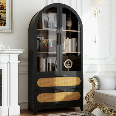 Arched Wood Storage Cabinet With Rattan Doors, 3-Tier Freestanding Display Shelf With Hidden Storage
