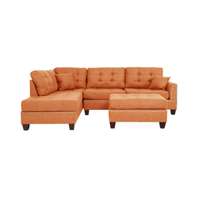 Modern Citrus Color 3Pcs Sectional Living Room Furniture Reversible Chaise Sofa And Ottoman Tufted Polyfiber Linen Like Fabric Cushion Couch Pillows