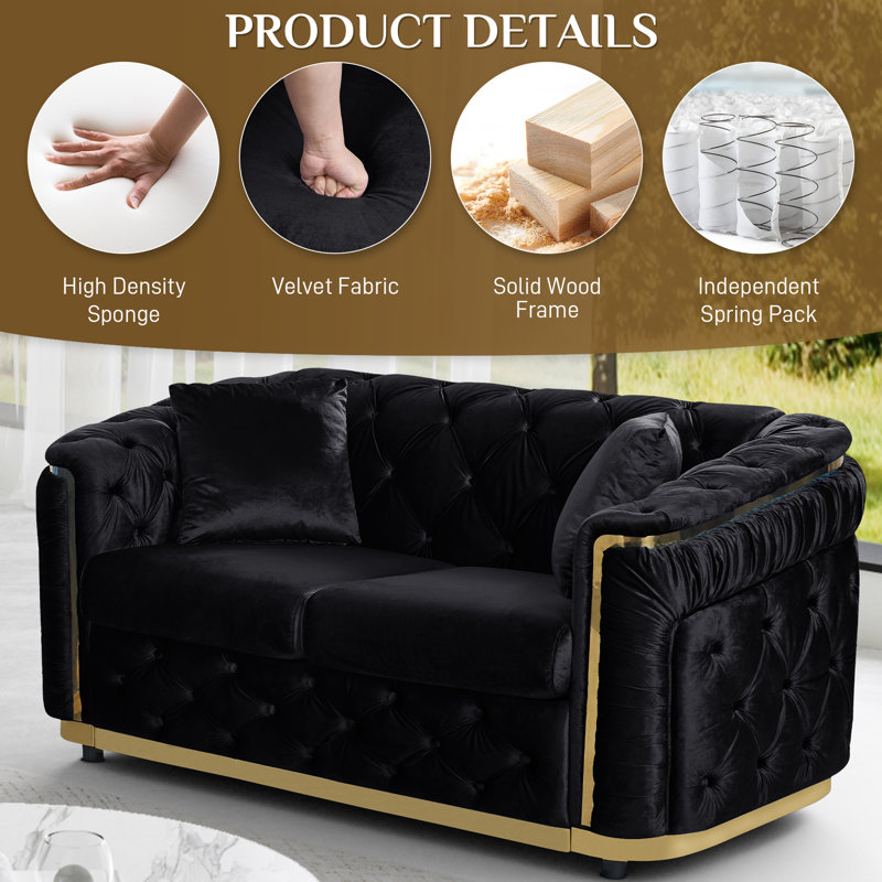 62.6 Inch Luxury Chesterfield Velvet Loveseat With Gold Accent Arms , Black