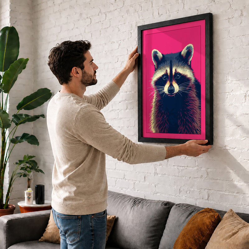 Raccoon Portrait Modern - Framed Print, Walnut, A3 - 42.0 x 29.7 cm