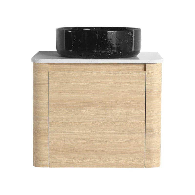 24 Inch Wall-Mounted Bathroom Vanity With Ceramic Art Sink Soft-Close Door, American White Oak, Black/White
