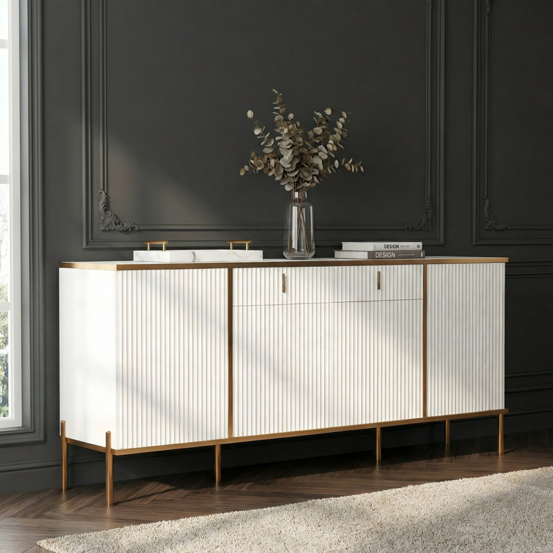 60" Modern Fluted Sideboard Buffet Cabinet with Gold Accents, White Storage Cabinet for Living Room, White