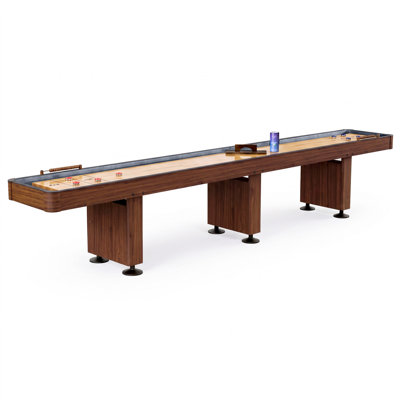 Hathaway Challenger 14 Ft Shuffleboard Table for Family Arcade Game Room - Poly-Coated Playfield, Built-In Scorers & Cabinet, Climate Adjusters, Leg Levelers, 8 Pucks, Brush & Powder - Walnut Finish