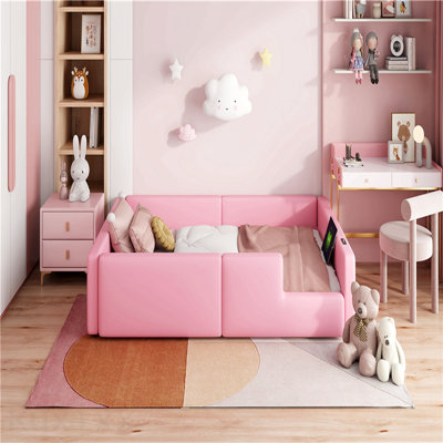 Lit plateforme simple tapissier avec garde-corps et station de charge, rose