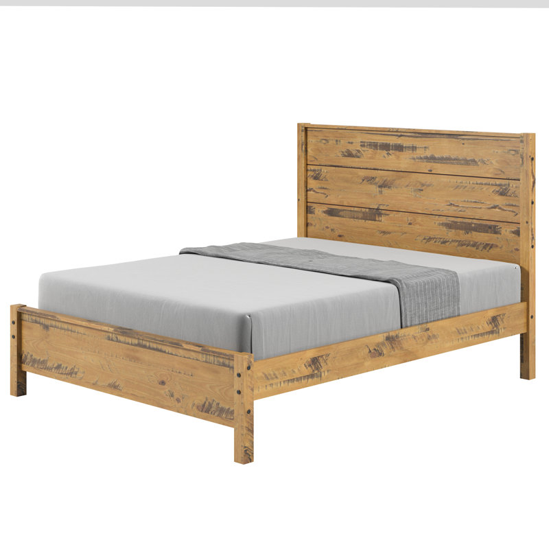 Hibir Farmhouse Solid Wood Panel Bed With Chunky, Sturdy Posts - Rustic Style, Oak Driftwood, Queen