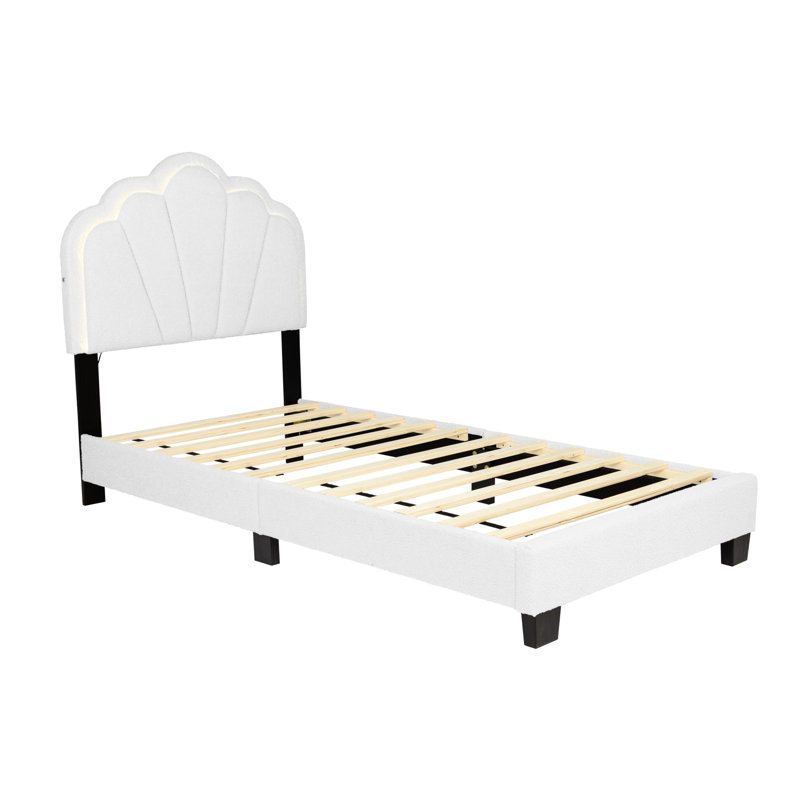 Lit simple contemporain blanc avec tête de lit tapissier à motif floral en laine et tête de lit en tissu à DEL intégrée