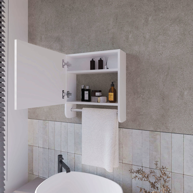 Pine Medicine Cabinet In Melamine With A Towel Bar And Included Mirror, White