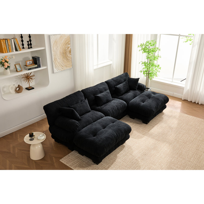 Canapé modulaire moderne en velours granulé à 5 places, avec 2 repose-pieds et sièges en forme de nuage