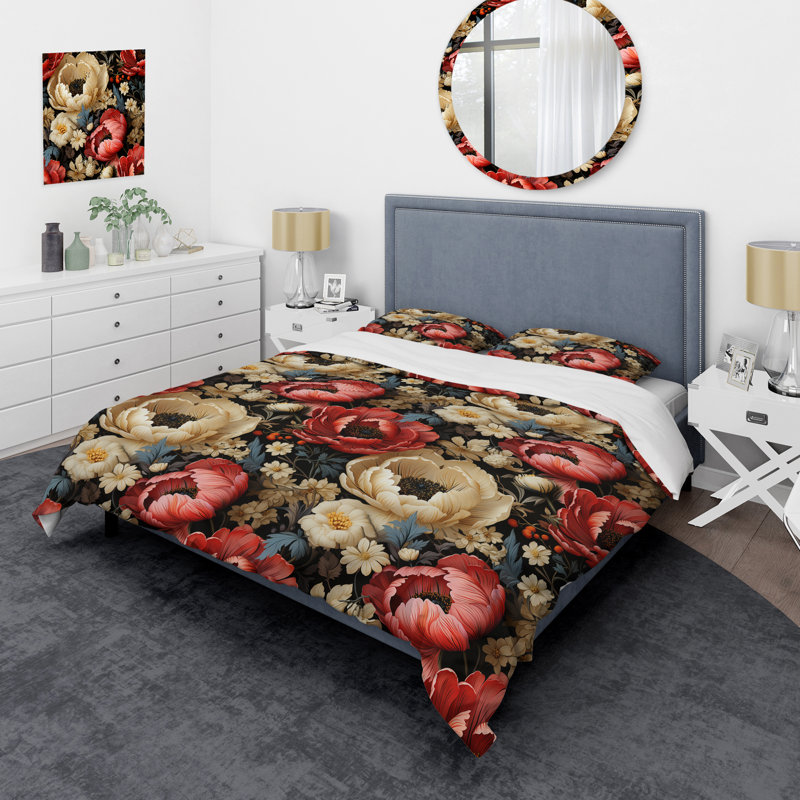 Ensemble de housse de couette à motif floral Red And Beige Elegant Poppy Blossum Field