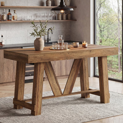 55" Long Bar Table with Footrest, Farmhouse Counter Height Pub Table, Rectangular High Top Kitchen Dining Furniture for Home Bar, Bistro, Cafes, Living Room, Basement