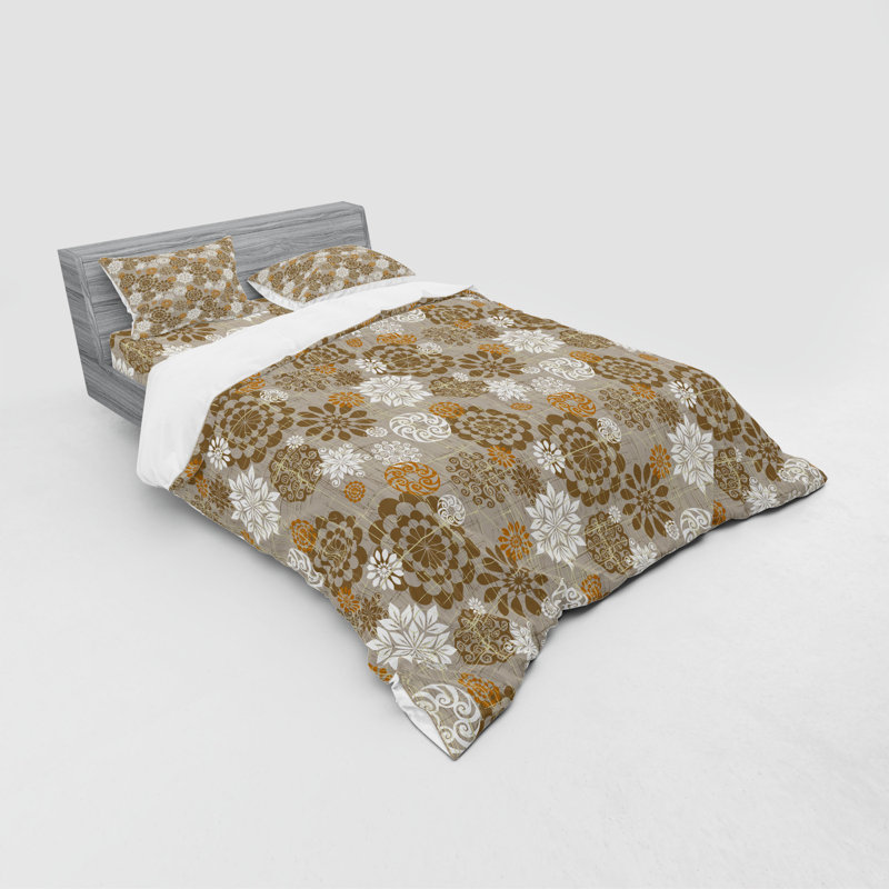 Ensemble de housse de couette floral en microfibre brun / blanc, Housse de couette grand + 3 pièces supplémentair
