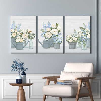 Bouquet floral et arrosoir sur toile tendue, ensemble de 3 reproductions d'art sur toile pour salon, chambre à coucher ou cuisine