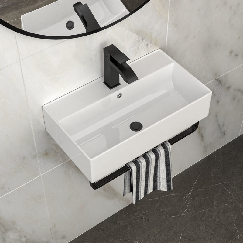 Lavabo de salle de bain mural rectangulaire en céramique avec barre à serviettes noire, trop-plein et robinet noir, 21 po x 12 po | Idée de cadeau