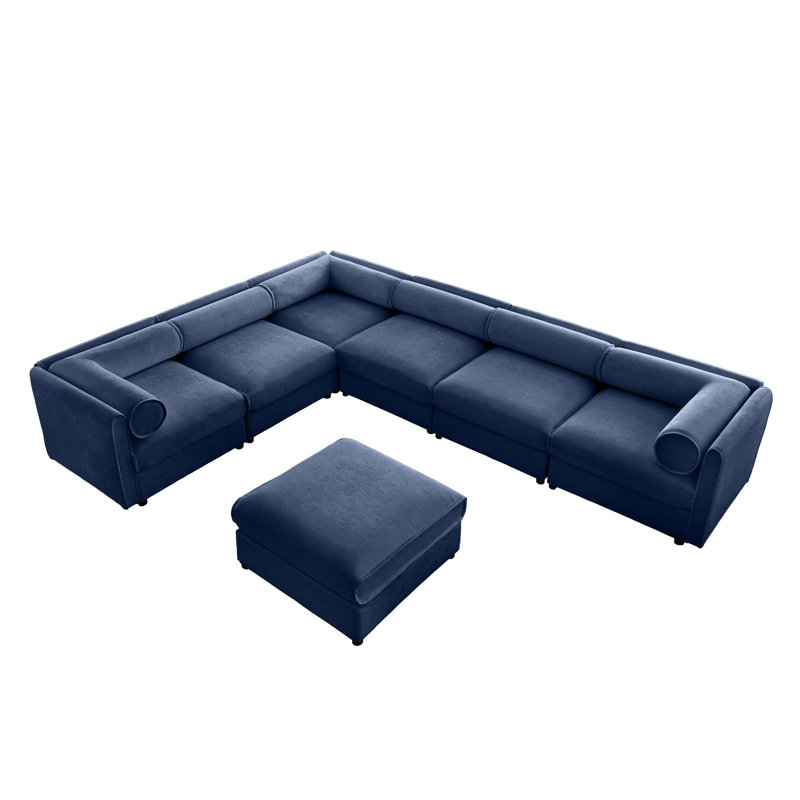 Canapé moderne modulaire 7 pièces avec accoudoirs de rangement 6 sièges et 1 repose-pieds de rangement, Chenille bleue
