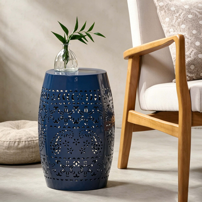 Navy Blue Lace Cut Iron Barrel-Shaped Accent Side Table, Indoor/Outdoor Use, No Assembly Required, Decorative Metal End Table For Garden, Patio, Living Room, Backyard