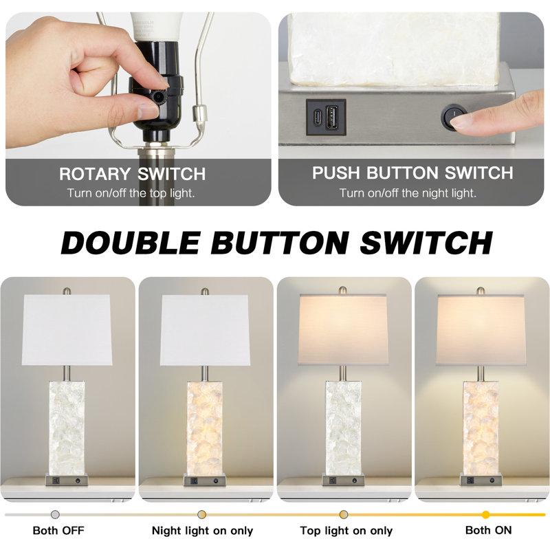 28” Elegant Shell-Inspired Table Lamp with USB Charging Ports, LED Bulbs and Nightlight, Nickel