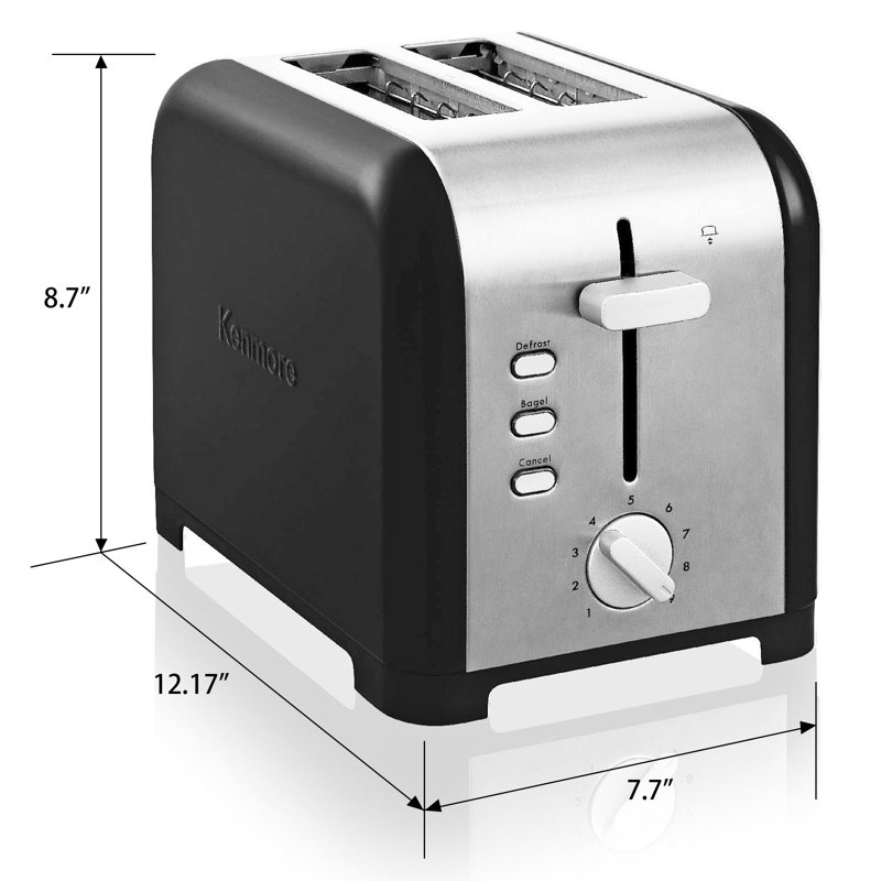 Kenmore 2 Slice Stainless Steel Toaster with Extra Wide Slots and Bagel & Defrost Functions, Black