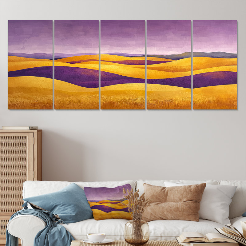 «Countryside Golden Hills At Twilight I» - art mural campagne - ensemble d'art mural campagne, H 28 po x l 60 po, 5