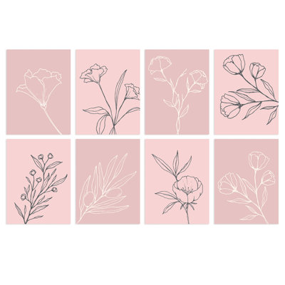 Pastel Pink Line Wildflower Outline Modern Floral - 8 Piece No Frame Print Set