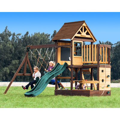 Dolphin Playground Cedar Wooden Swing Set – Backyard Playset with Sandbox, Wave Slide, Climbing Wall, Glider & 2 Belt Swings, Outdoor Table & Chalkboard, Kids 3-10