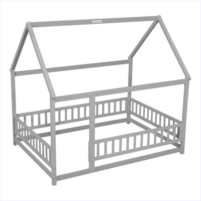 Full Size Floor Wooden Bed With House Roof Frame