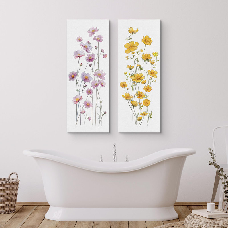 «Vibrant Wildflower Yellow Pink Floral Botanical Illustration Modern Art Decor Bohemian on Canvas», reproduction de 2 pièces